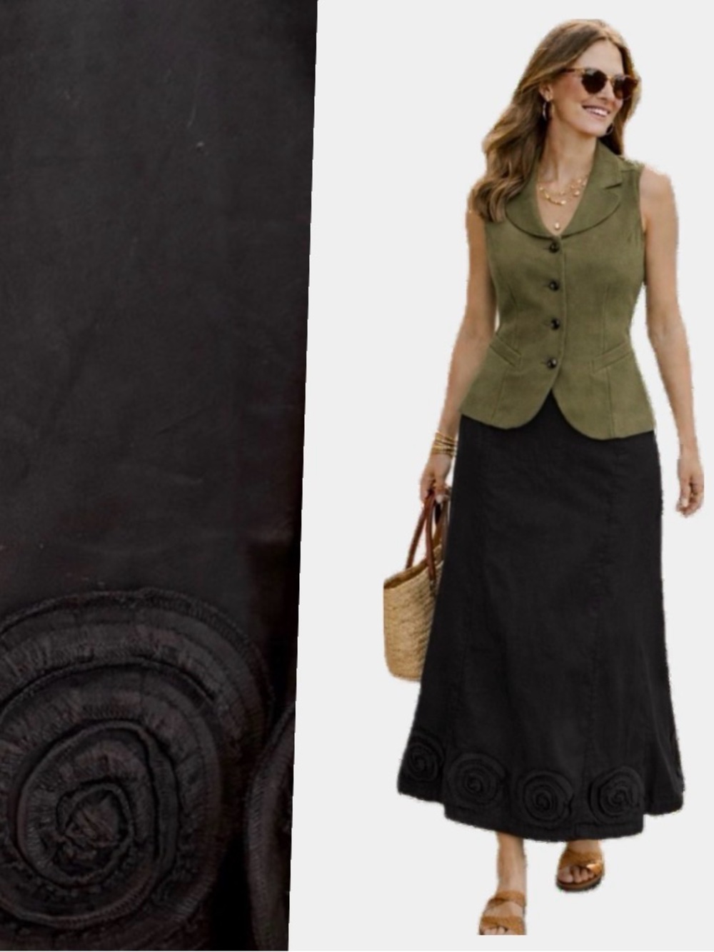 Solitaire / Anthropologie Black Cotton Midi Skirt Rosette Hem, Size S